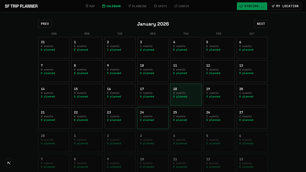 Month calendar view showing event and plan counts per day
