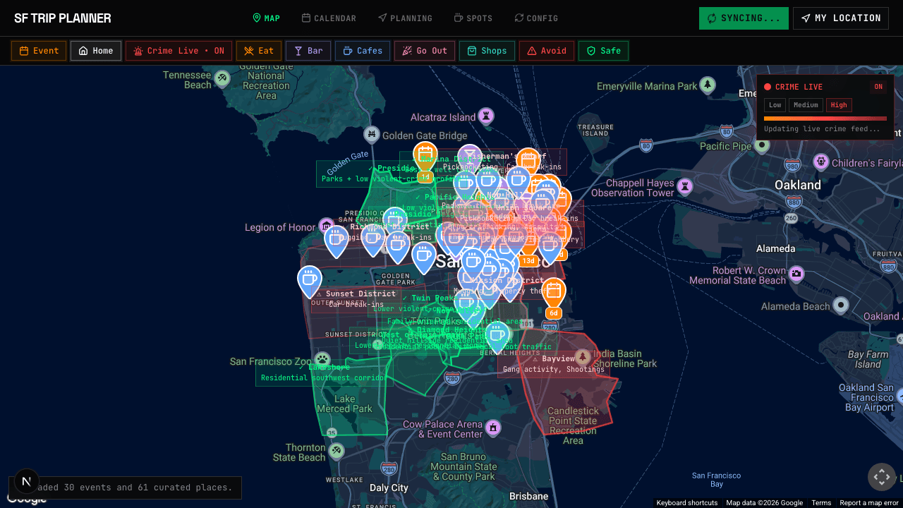 Interactive map with color-coded event markers, spot pins, and crime heatmap