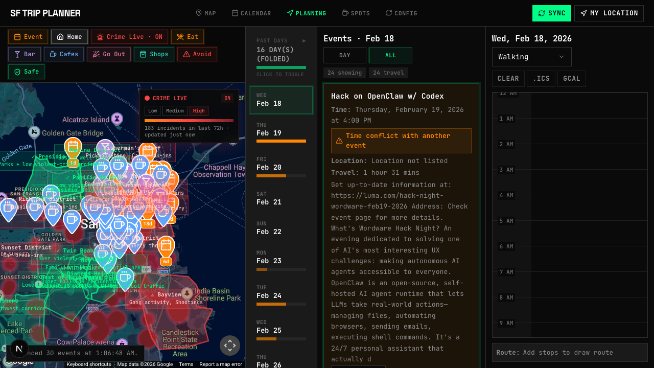 SF Trip Planner — Planning View with map, events list, and day planner