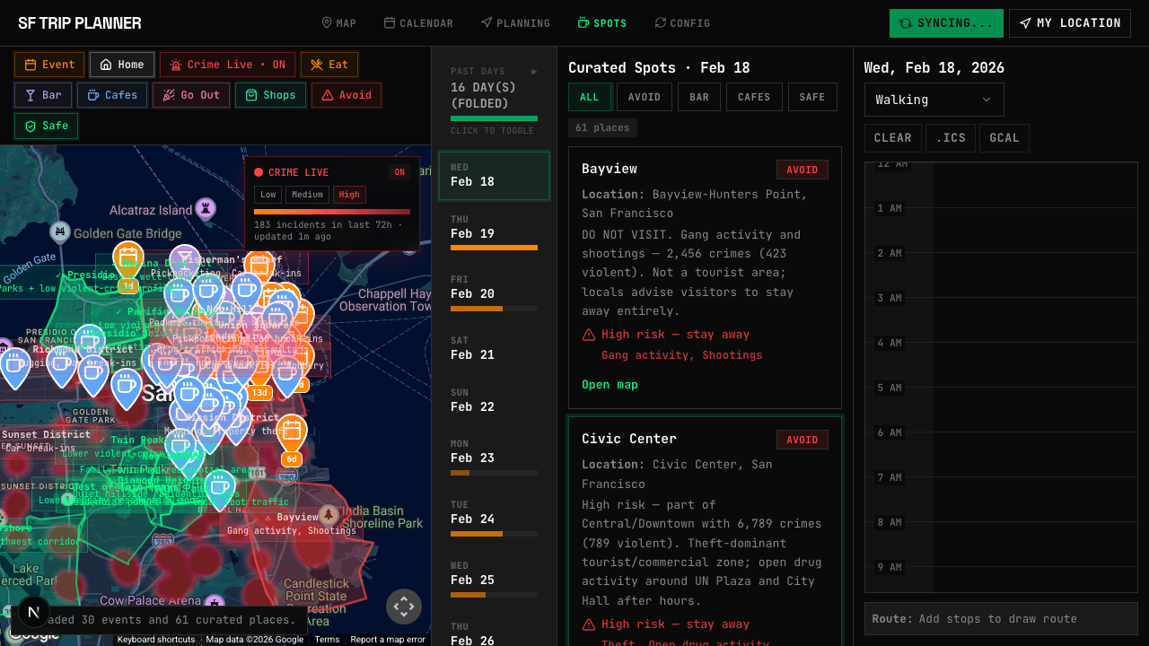 Spots view with curated places organized by category